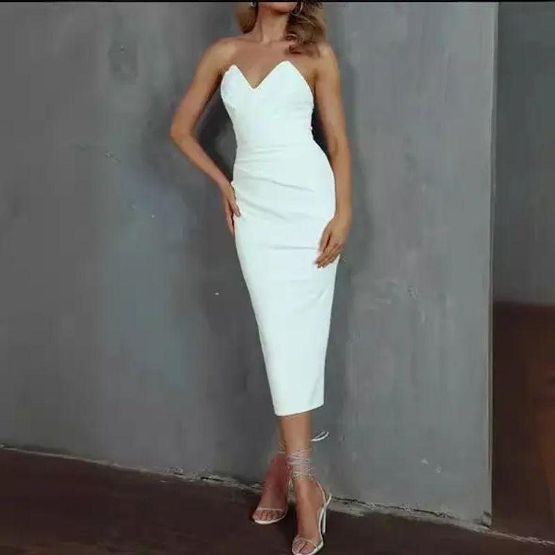 Fashion European and American Women Clothes Sexy Tube Top Sleeve Slit Solid Dress Sexy Solid Color Dress