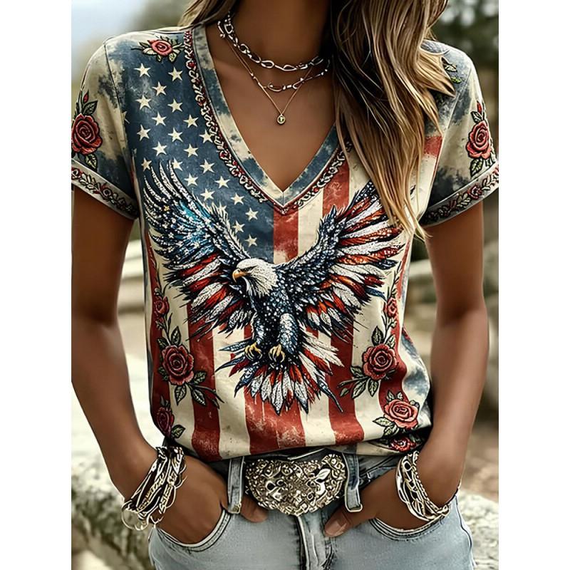 V-Neck Short Sleeve T-Shirt With Blue White Striped Print Loose Fit Casual Top Women 2025