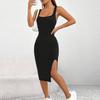 שמלת נשים קיץ מרובע צוואר ללא שרוולים סקיני אלסטי צד נדן מפוצל חוט צבע אחיד OL נסיעה נושמת מסיבת מועדון שמלת Midi