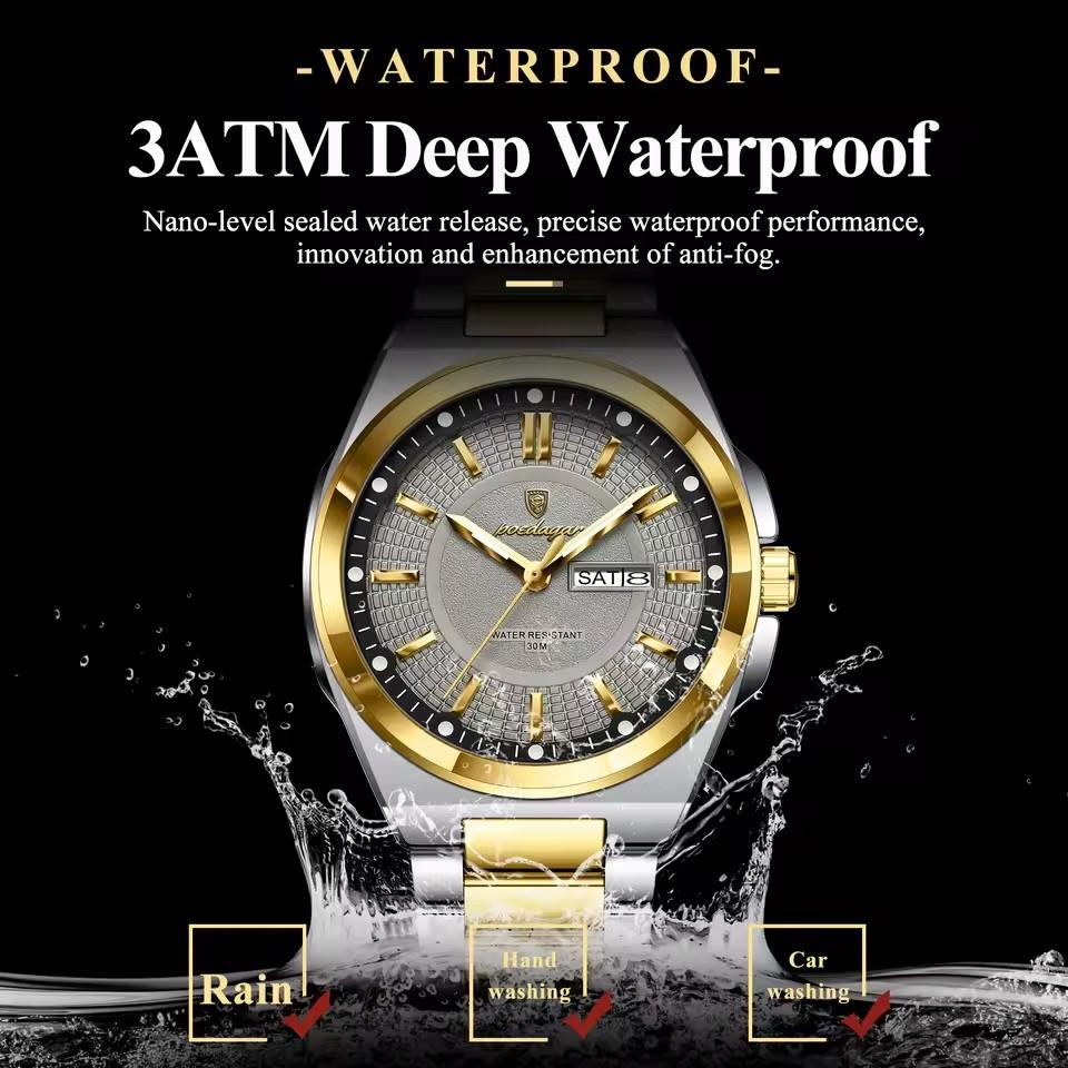 POEDAGAR 896 Stainless Steel Strap Fashion Gold Dial Diver Watch Men Waterproof Date Quartz Clock Sport Luminous Watches Relogio