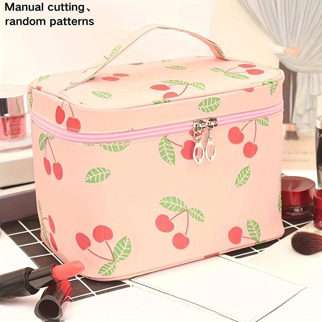 1 stuk schattige roze en witte make-uptas met chevronprint en handvat - Duurzame, draagbare reis-make-up organizer met meerdere vakken voor damescosmetica