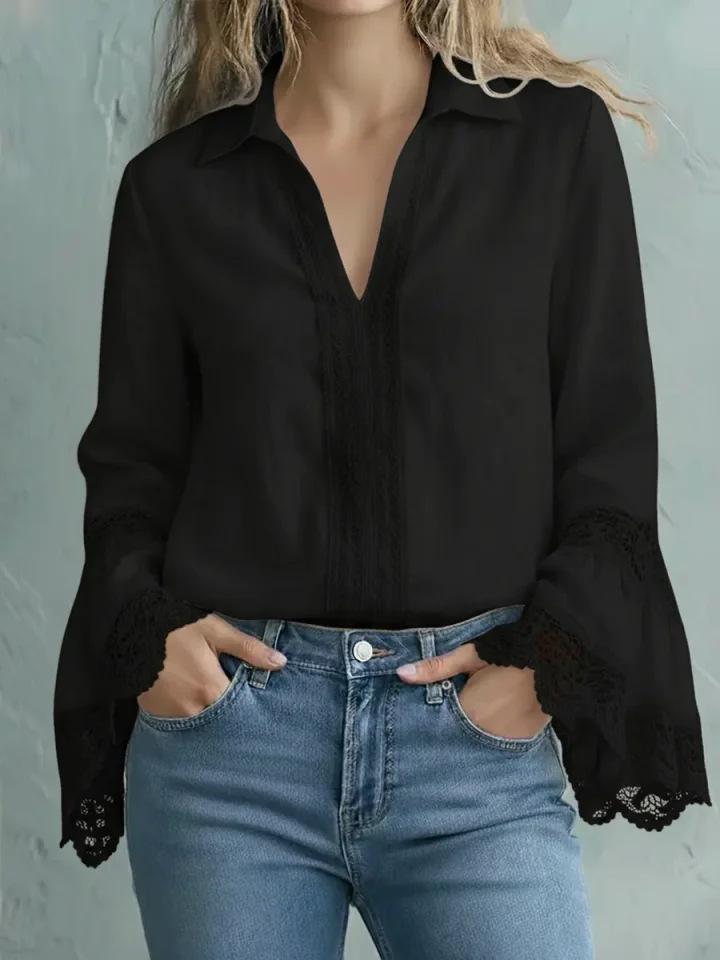 Women's Cotton Linen Lace Trim Pullover Shirt - Elegant Solid Color Design