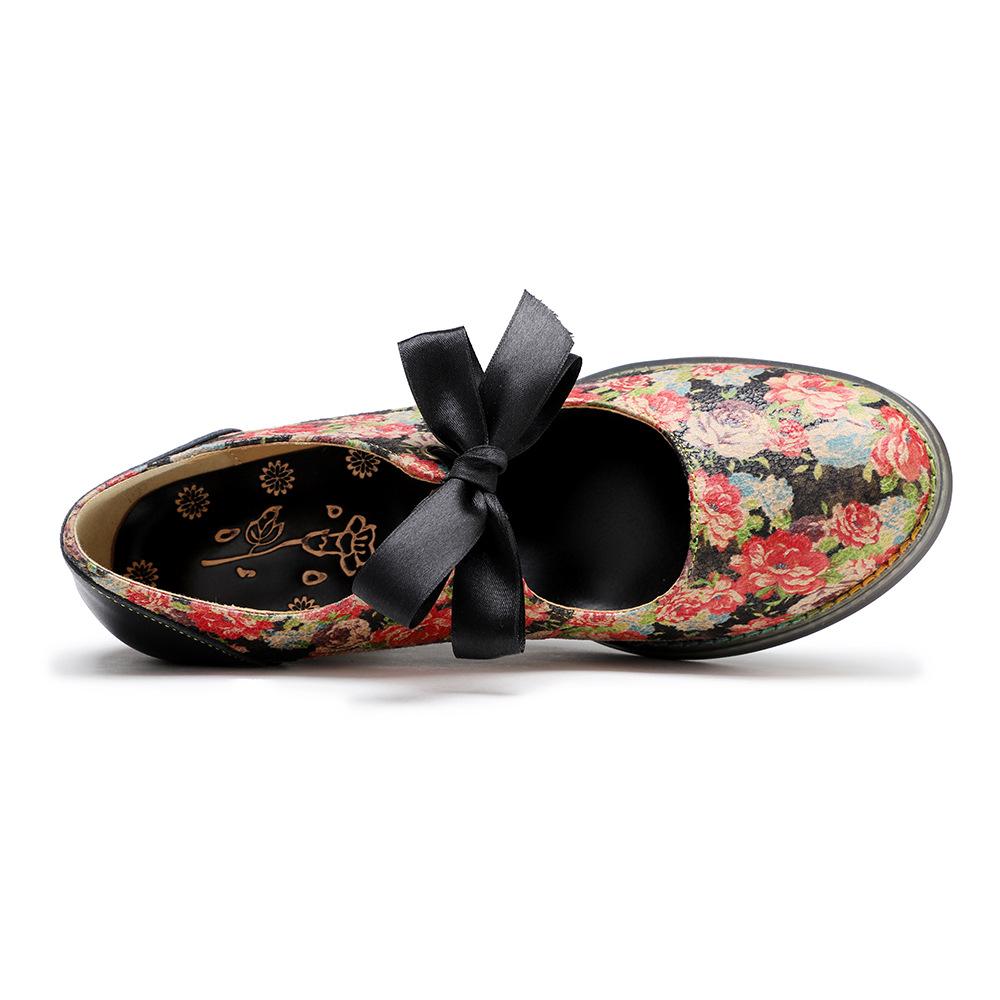 Johnature Dames Schoenen Zoete Print Pumps Vintage Landelijke Bloemige Kant Strik Dames Middelhoge Hak Schoenen