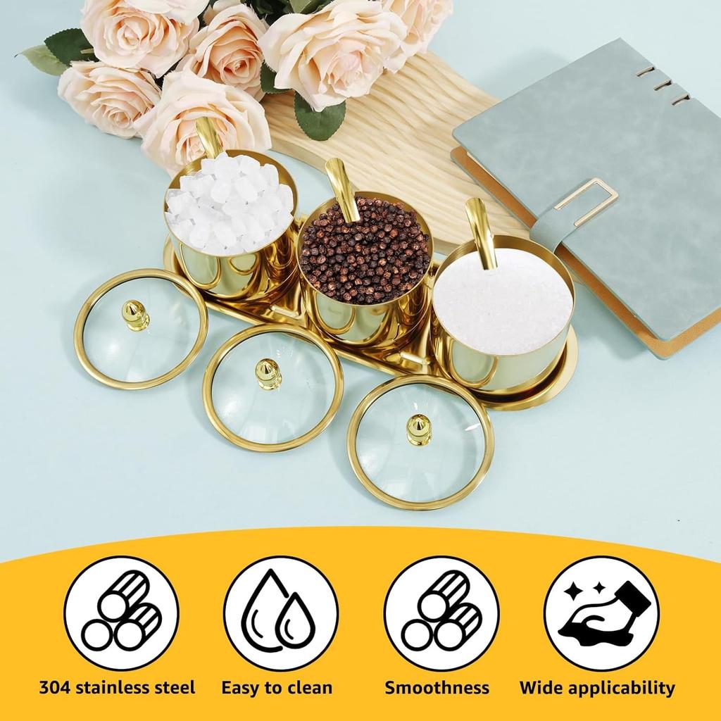Edelstahl Zuckerschale Set mit Glasdeckel und Löffel 3-Fächer Gewürzglas Set mit Tablett Wiederverwendbare Gewürzdosen Töpfe Set Stilvolle Gewürzbox