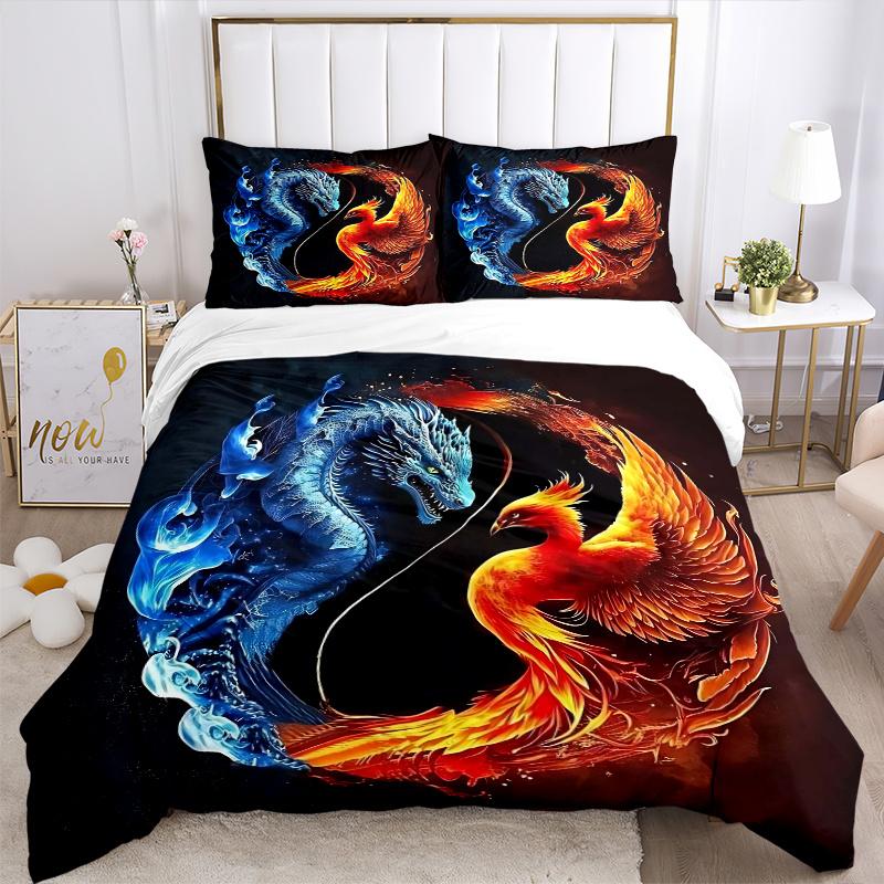 3pcs Blue Dragon and Red Phoenix Bedding Set - Includes 1 Quilt Cover and 2 Pillowcases, Comfortable Bedding with Stylish Design for Bedroom, Mac