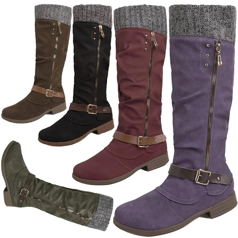 SyfIyno Nové dámské retro sněhule ke kolenům Westernové kovbojské boty Zimní boty na motorku na zip Punkové boty Velká velikost 36-43