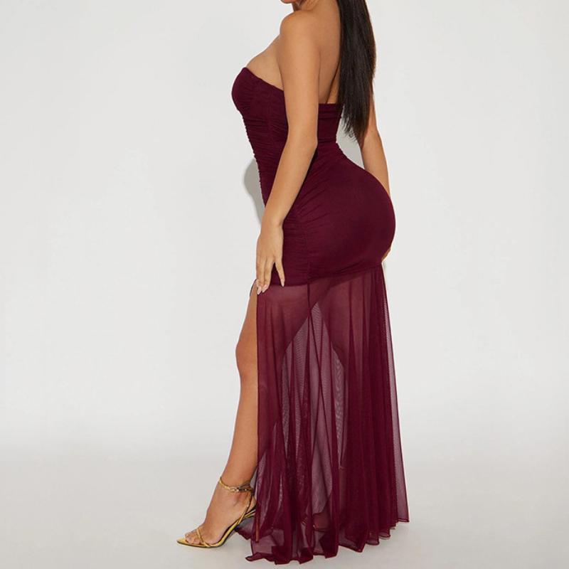 European and American Sexy Mesh Patchwork Slit Strapless Fashionable Slim Fit Dress for Women