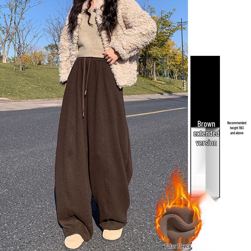 Women's Fleece-Lined Off-White Glutinous Rice Wide-Leg Pants, High-Waisted, Loose-Fit, Slimming, Petite, Autumn/Winter.