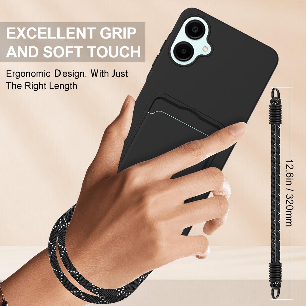 For Samsung Galaxy A06 5G Liquid Silicone Case Phone Back Cover with Card Holder and Short Strap