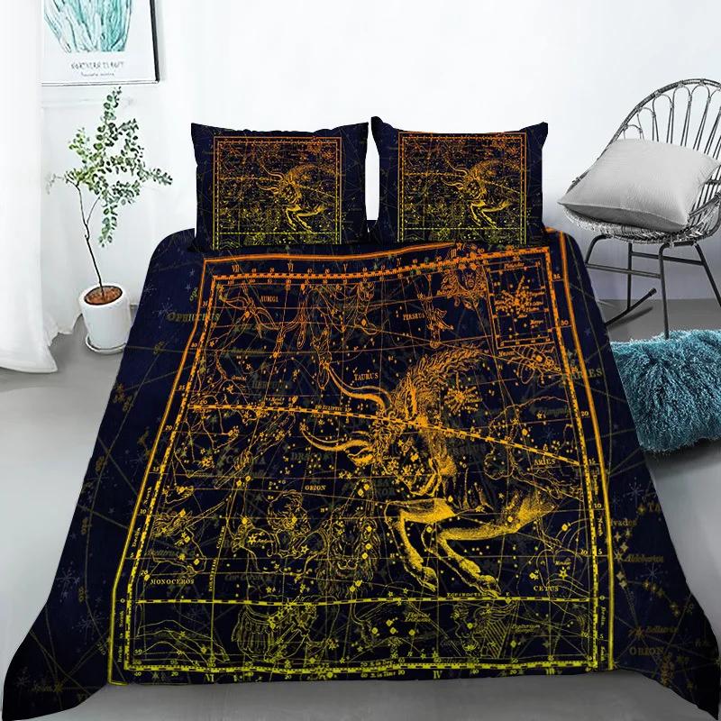 Sternbild Bettbezug Gelbes Sternbild King-Size-Bettwäscheset für Astronomie-Enthusiasten Weicher Einzel-Polyester-Bettdeckenbezug