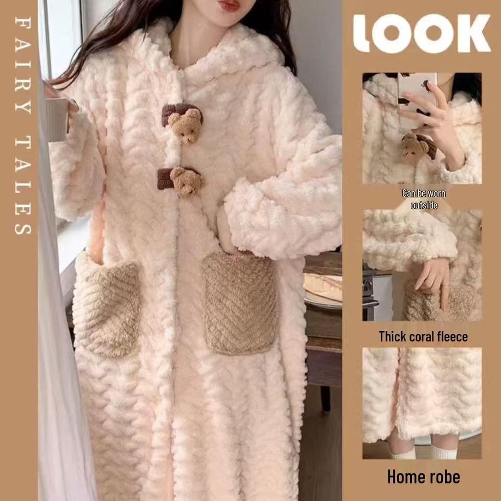 Pijama de fetițe din fleece coral cu ursuleț: Călduros, Drăguț, Cu Glugă, Plus Catifea, Cămașă de Noapte Toamnă/Iarnă