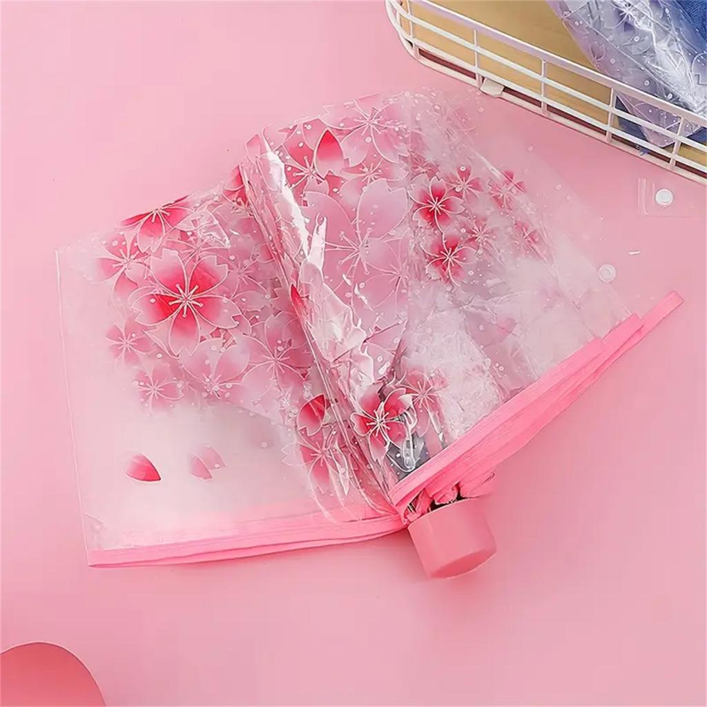 Korean Umbrella Folding Cute Korean Mini Fresh Simple Sen Series Trifold Cherry Blossom Transparent Japanese Umbrella