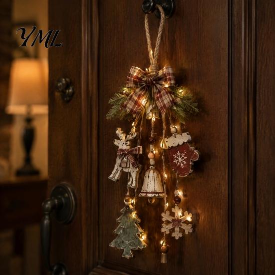 Vintage Retro Home Hanging Accents Rustic Christmas Wooden Pendant with LED Lights, Lighted Snowflake Gloves Tree And Reindeer Decorative Ornaments