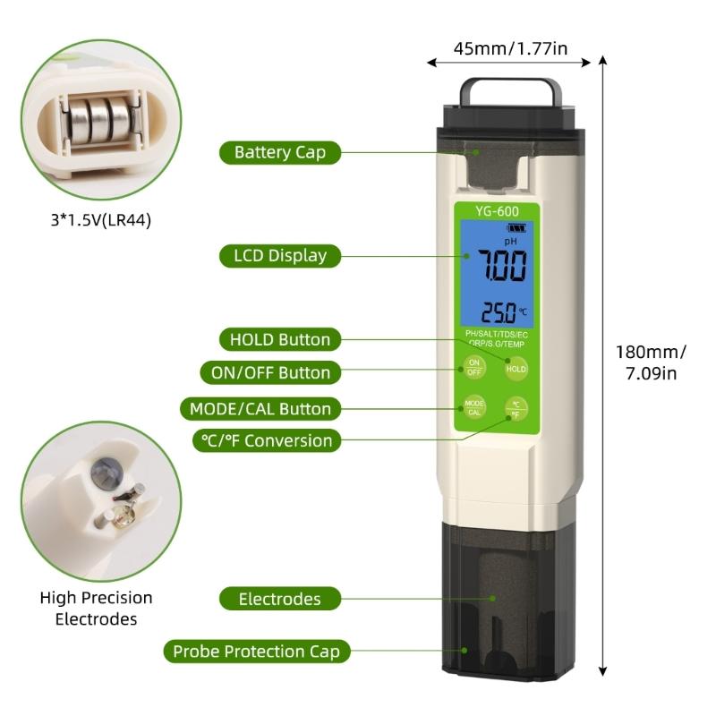 7 in 1 TDS ORP Salt Temperature Meter Digital Meter Water Quality Tester for Hydroponic Meter Portable