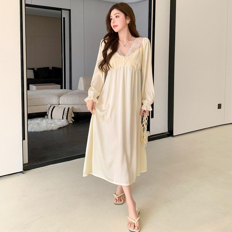 Spring thin court style with chest pad ice silk nightdress women's long-sleeved silk lace long dress slim and thin loungewear