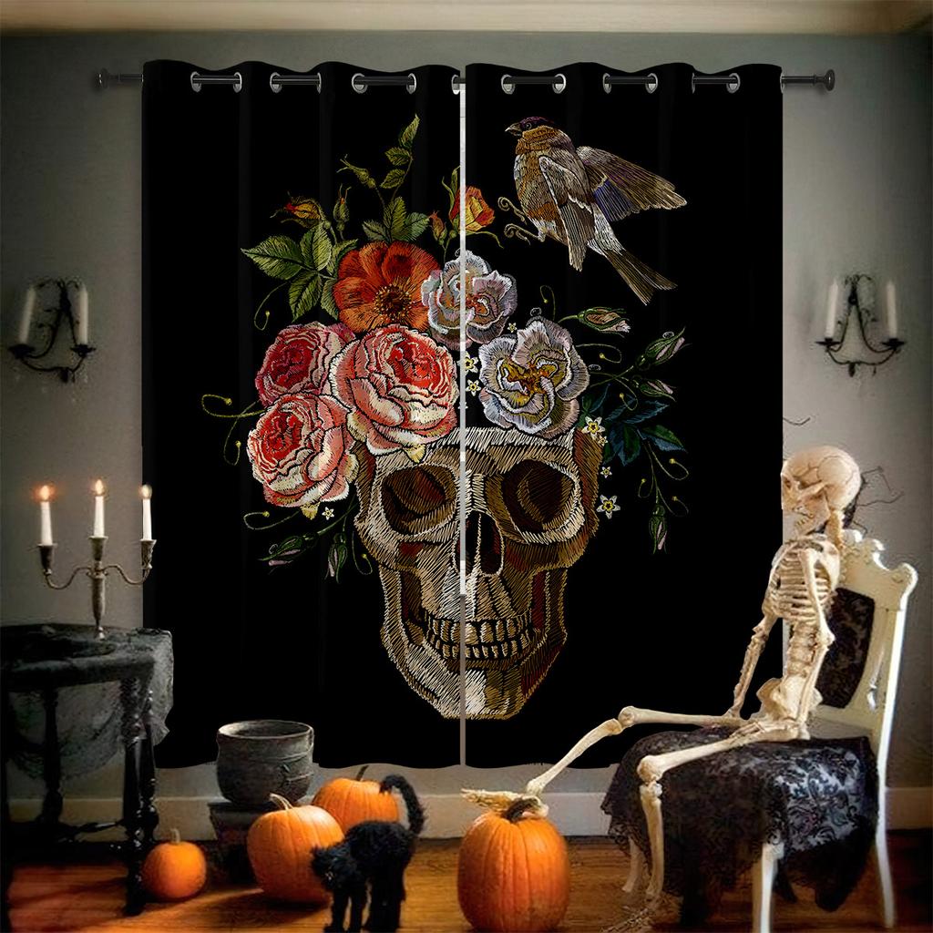 Horror Skull Floral 3D Printed Curtains Retro Gothic Curtains Halloween Party Decorative Curtains Home Decor 2 Pieces