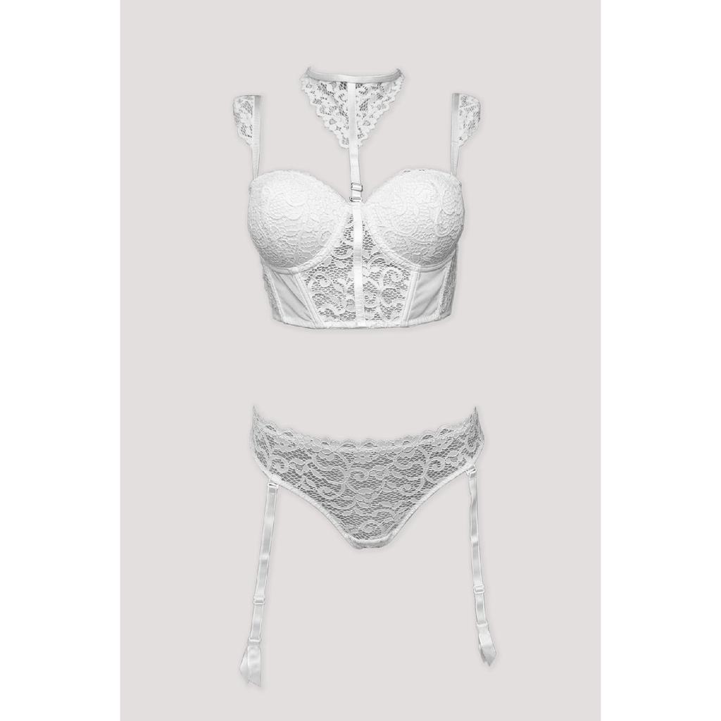 Ecru 4862 Genova 3-teiliges Strumpfband-Bustier-BH-Tanga/Fantasie-Unterwäsche-Set Socken Geschenk