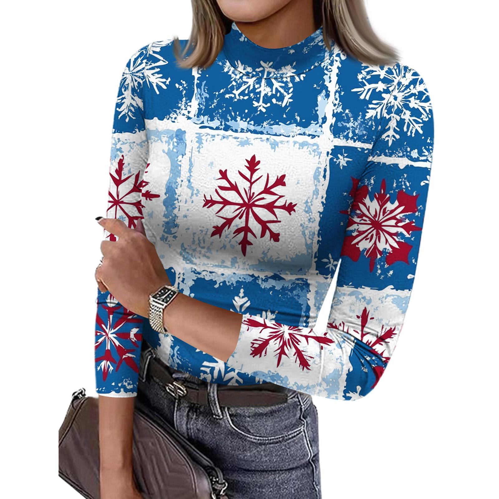 

Women s Slim Bottom T-shirt Fashion Casual Christmas Printing Round Neck Pullover 3/4 Sleeve Top M