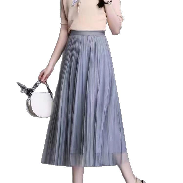 Mesh Pleated Women's Midi Skirt, High-Waisted A-Line for Spring/Summer