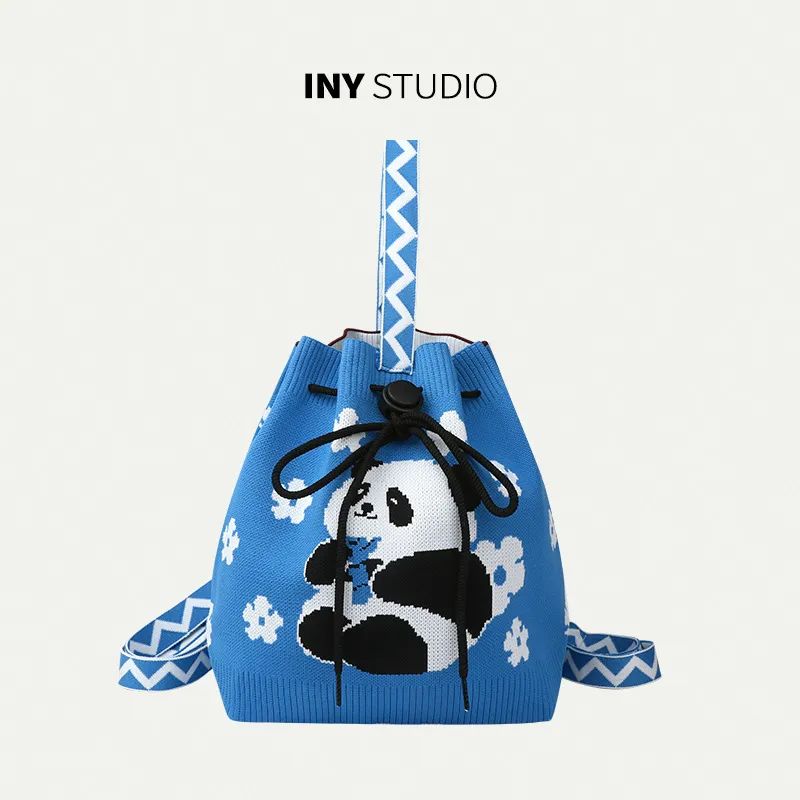 

Вязаные сумки Дедушки Панды Сумка ручной работы Большая вместимость Рюкзак Школьная сумка Flower Panda Shoulder Bag Blue