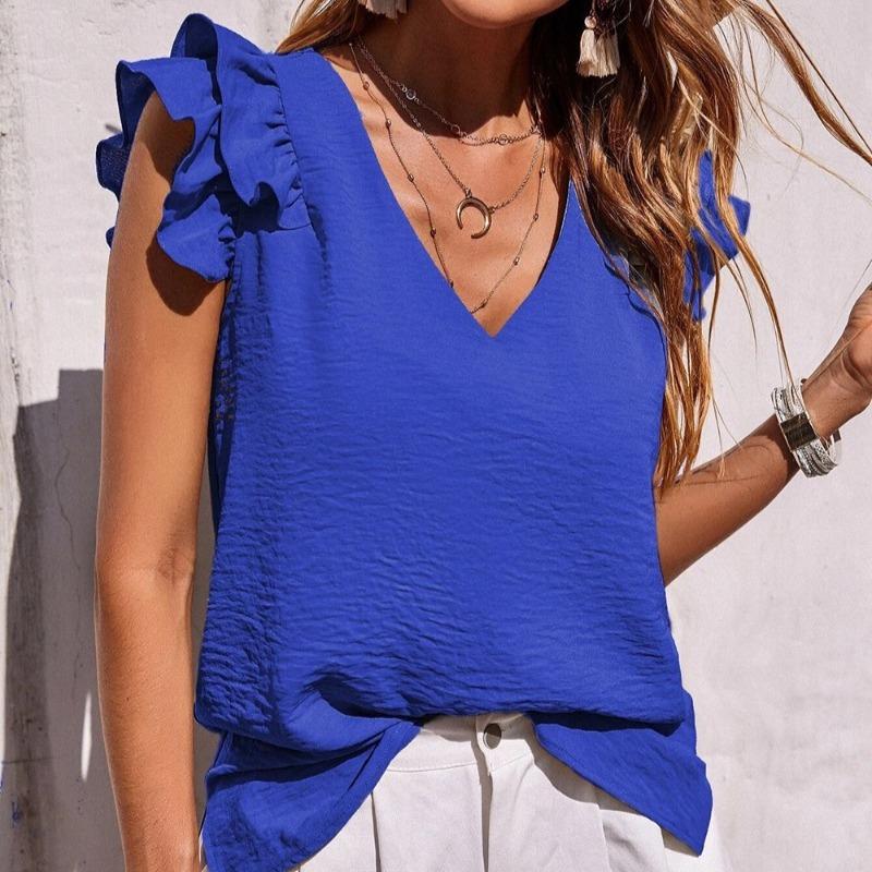 Fashion New V-neck Ruffled Casual Shirt Women Summer Sleeveless Blouse for Women Elegant Vintage Solid Simple Ladies Blouses and Tops 24664