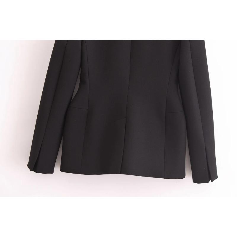 Herbst und Winter Damen Schwarz Klappentasche Gürtel Schulterpolster Schlanke Anzugjacke Temperament Vielseitig