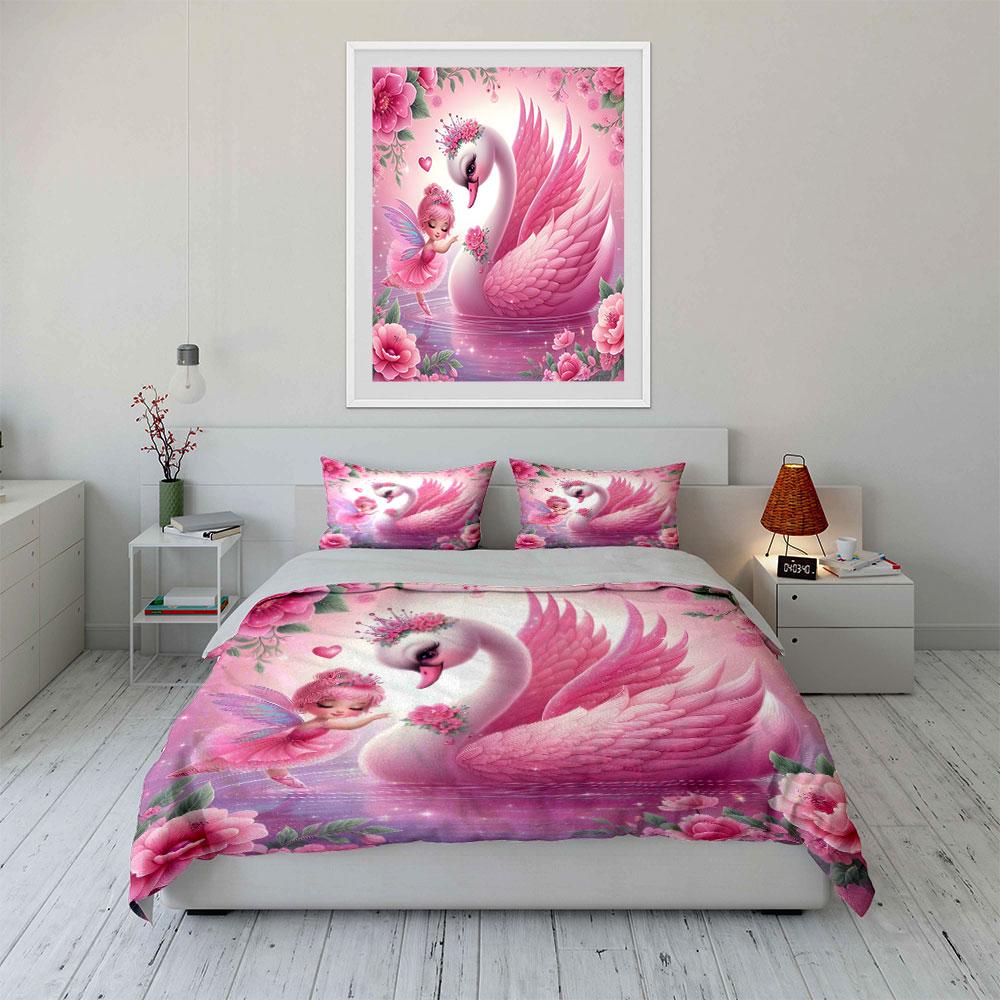 Pink Fairy And Swan Fantasy Set  Kid'S And Adults' Bedroom Decor, Exquisite Three-Piece Bedding Set Gift