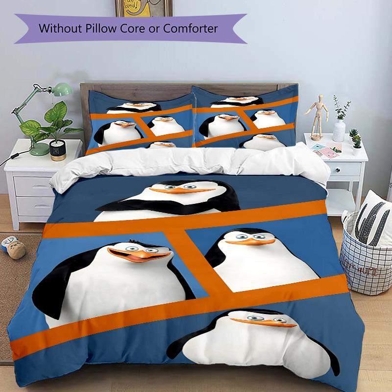 Four Cartoon Penguins Print 3Pcs Bedding Set,Duvet Cover with 2 Bedro,Pillowcase Home Birthday Gift