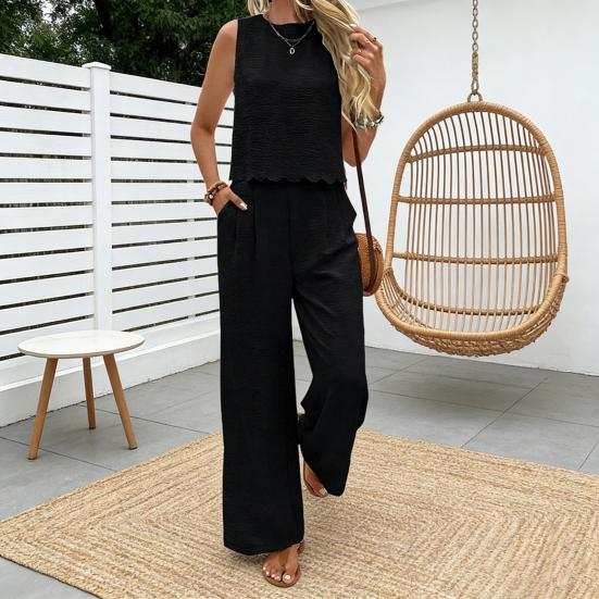 Damen 2-teilige Outfits Sommer Ärmellos Bindeband am Rücken Oberteil und Weite Beinhosen Sets Lässig Urlaubs Loungewear Passende Sets