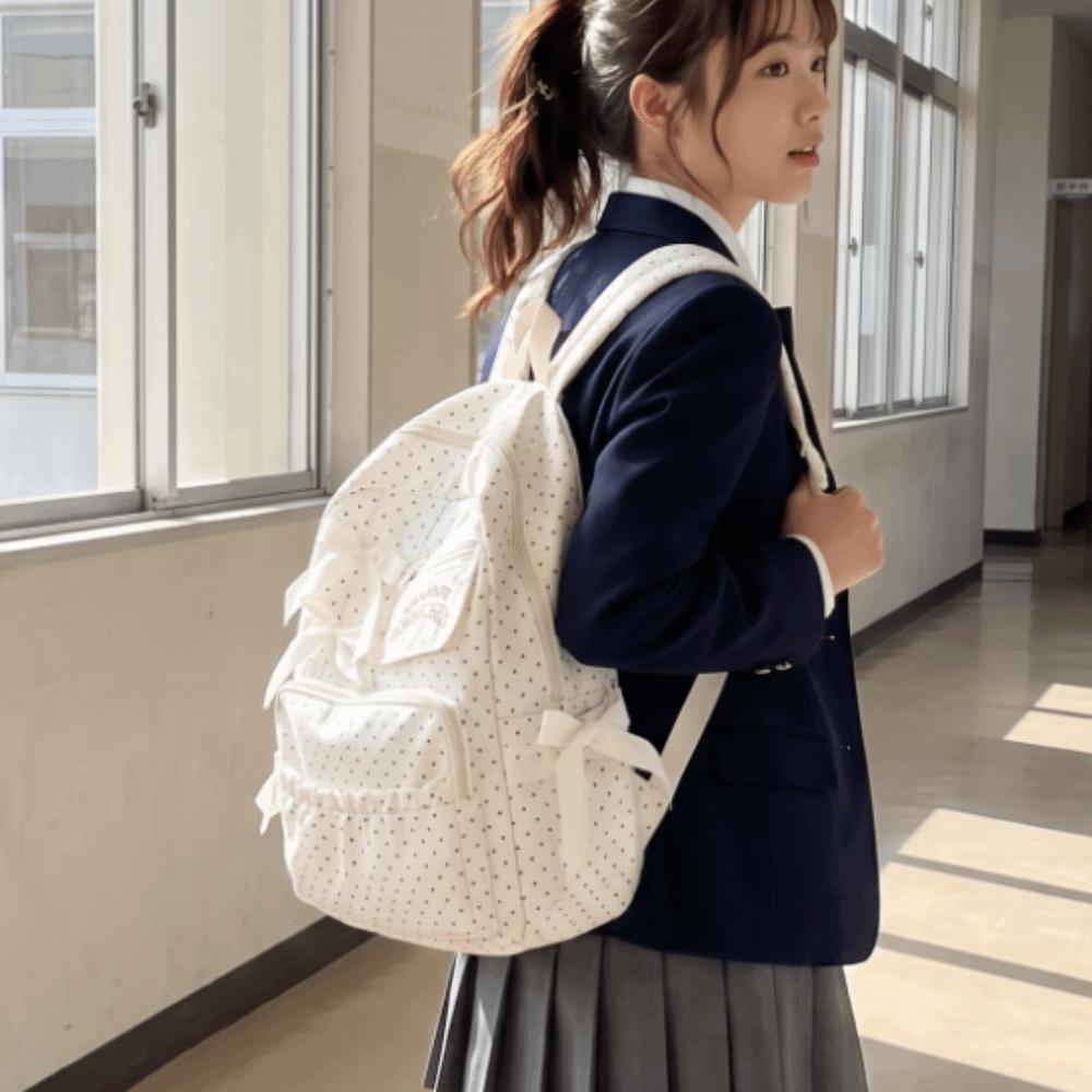 Zaino a pois con fiocco, grande capacità, multi-scomparto, daypack, borsa scolastica alla moda per adolescenti