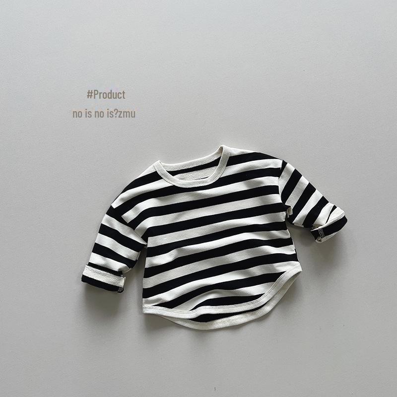 Tricou cu mânecă lungă cu dungi pentru copii de toamnă 2025 - stil coreean pentru băieți și fete