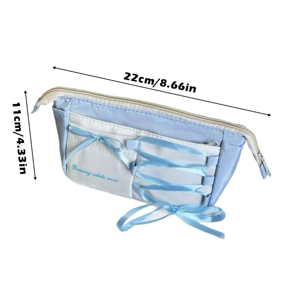Portable Blue Ballet Style Pen Bag Bow Ribbon Large Capacity Pencil Case Stationery Bag Back To School Gift