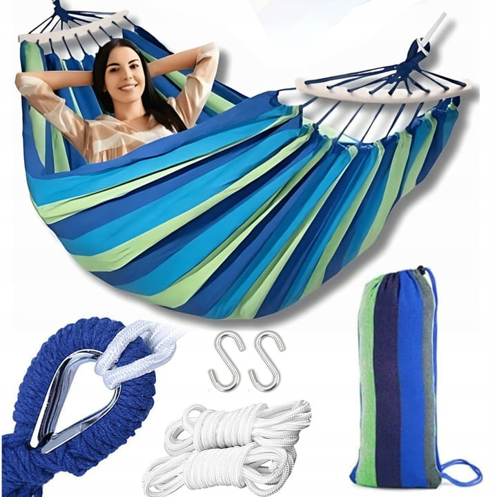 Garden Hammock Double 260 X 155 With Strong Crossbar - Color Green Stripes