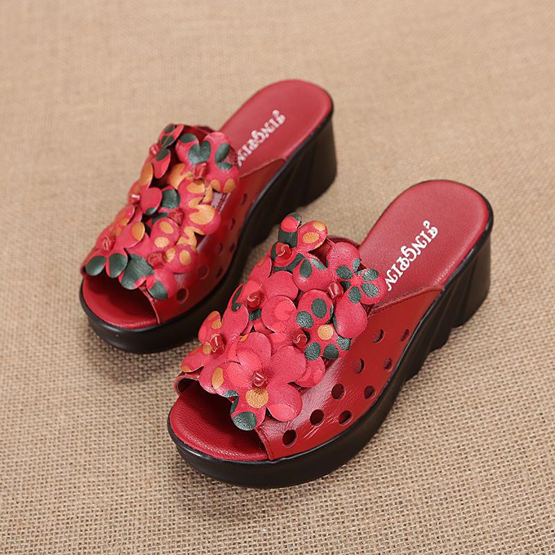 

Женские домашние тапочки в этническом стиле, 6 см, летние, на толстой подошве, с модными цветами, удобные босоножки на высоком каблуке 35