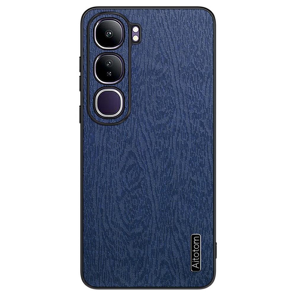 

For vivo V40 Lite (Indonesia) 5G Case Wood Texture PU Leather Coated PC+TPU Phone Cover Blue