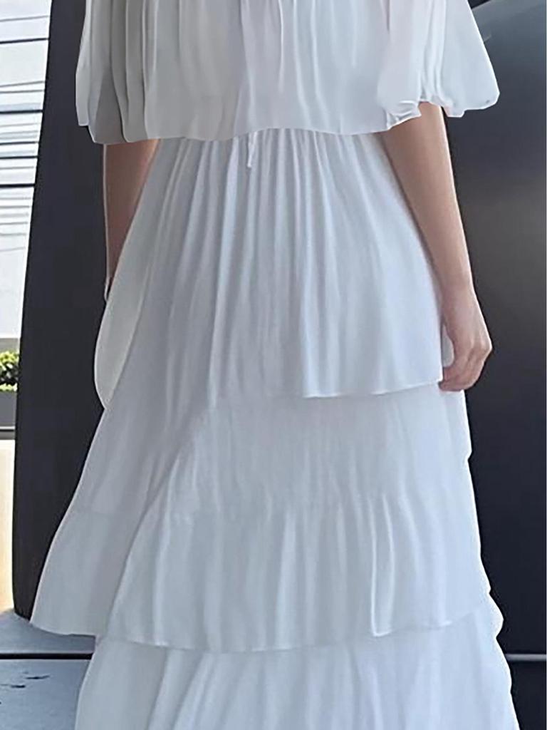 Women's White Chiffon Ruffle Layered Half Sleeve Maxi Dress