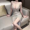 European and American Style Sexy Goddess V-neck Split Strap Mid Length Dress Fashion Women's Wear