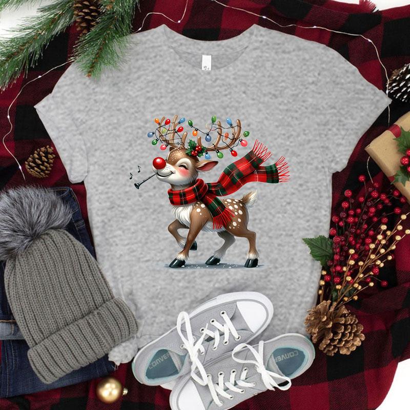 New Christmas Elk Printed T-Shirts Men Women Summer Tee Shirt Femme Casual Elk Short Sleeve Round Neck Tops Christmas T-Shirts