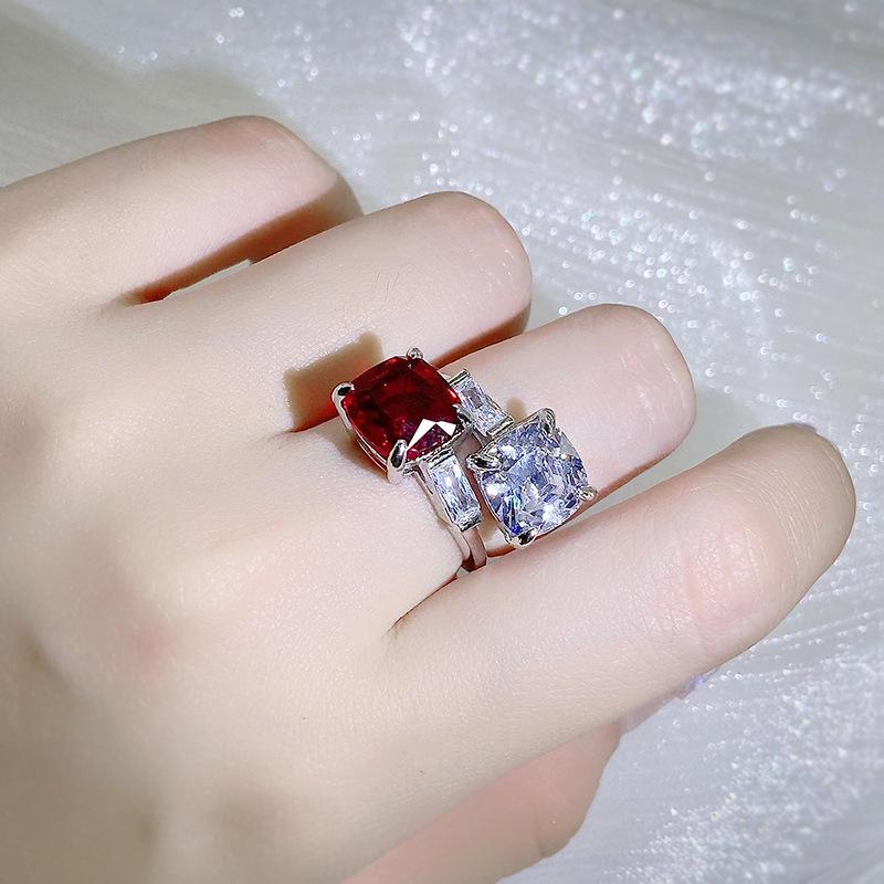 Srebrny pierścionek z cyrkonią o wysokiej rozdzielczości elegancki damski inkrustowany ognistoczerwonym rubinem pierścionek z otwarciem biżuteria na wesele prezent