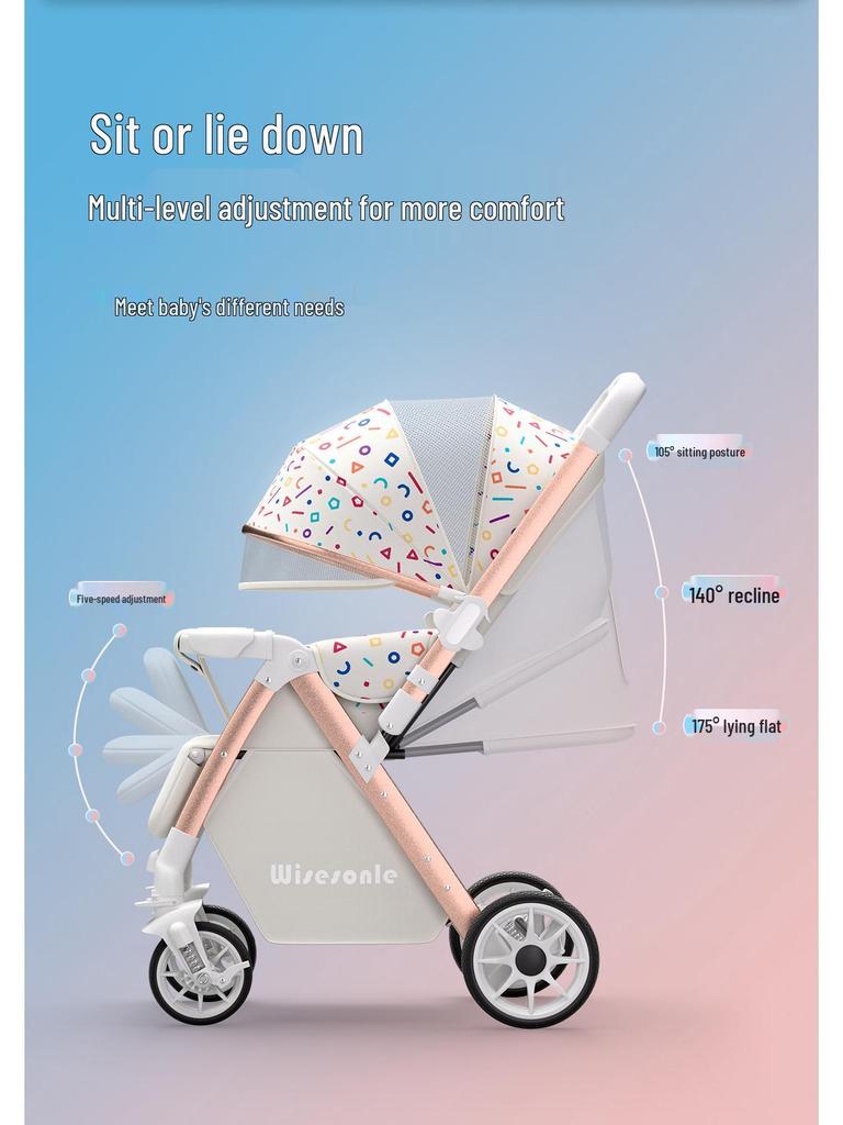 Reversible Baby Stroller: Sit & Lie, Foldable, Lightweight, High Landscape, 0-3 Years, Baby Carriage.
