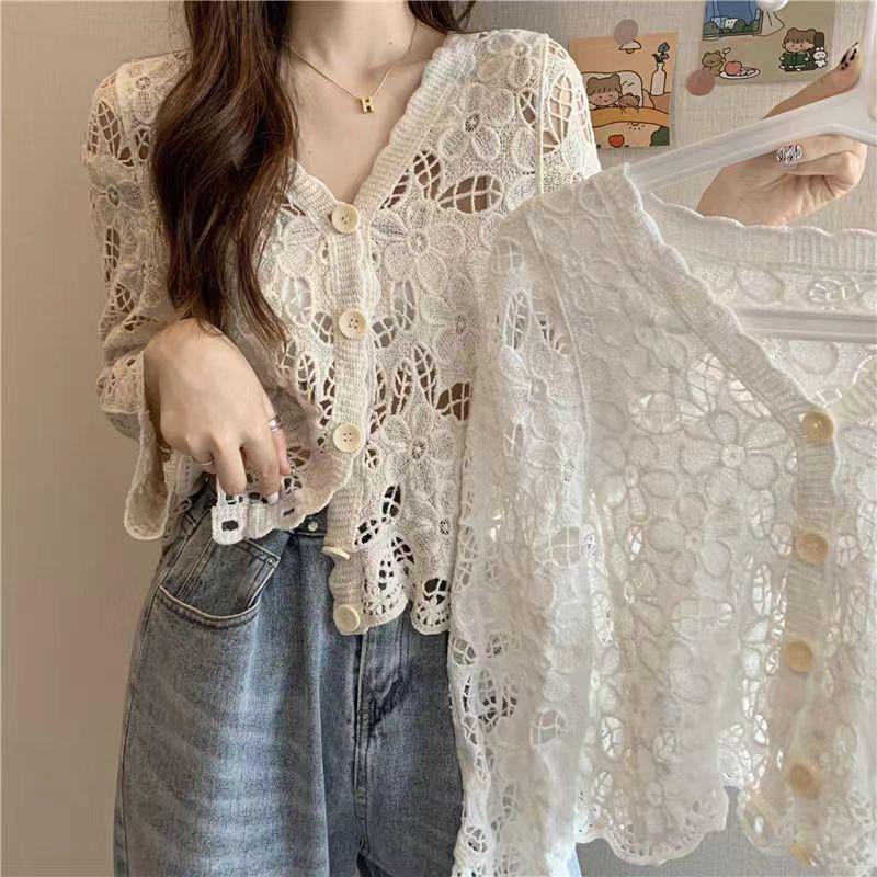 Women's Bohemian Hollow Knit Cardigan - Cotton Short-Sleeve, Lightweight for Spring/Summer