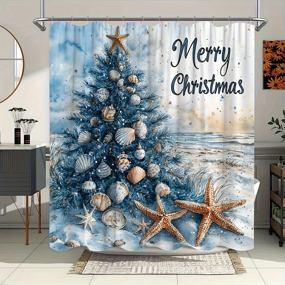 

1pc Winter Beach & Christmas Tree Shower Curtain - 70x70 Inch Watercolor Sea Star, Shells, Starfish & Snowy Waves Design, Bathro 90x180cm35x71in