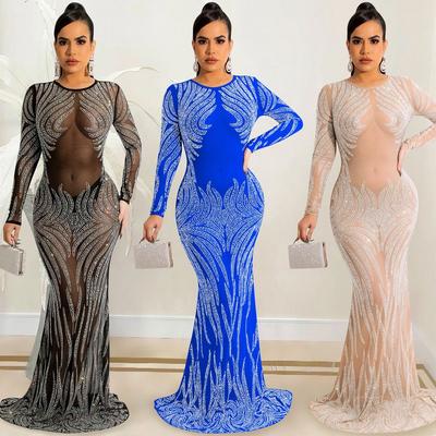 Ženy elegantné dlhé rukávy drahokamy, okrúhly výstrih, sieťovina, vidieť cez svadobné maxi dlhé šaty, svadobné nevesty, družičky, spoločenské šaty