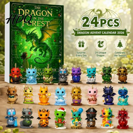 Acrylic Hanging Ornaments Forest Dragon Advent Calendar 24 Day Countdown Box with Cute Decorative Pendants Ornaments Festive Tree Decor Collectible