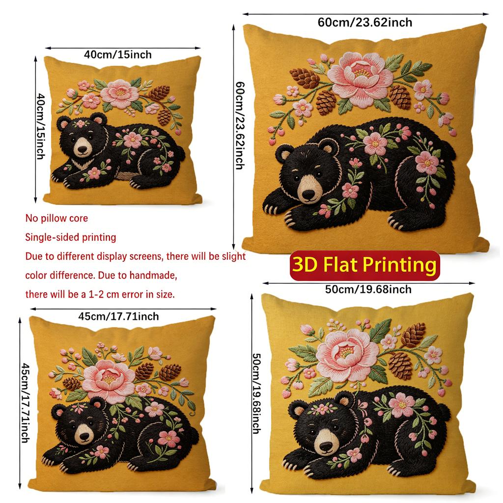 Floral Black Bear Embroidery Style Throw Pillow Covers Pattern Cushion Cover Suitable For Sofa Bedroom Car Pillow Cover