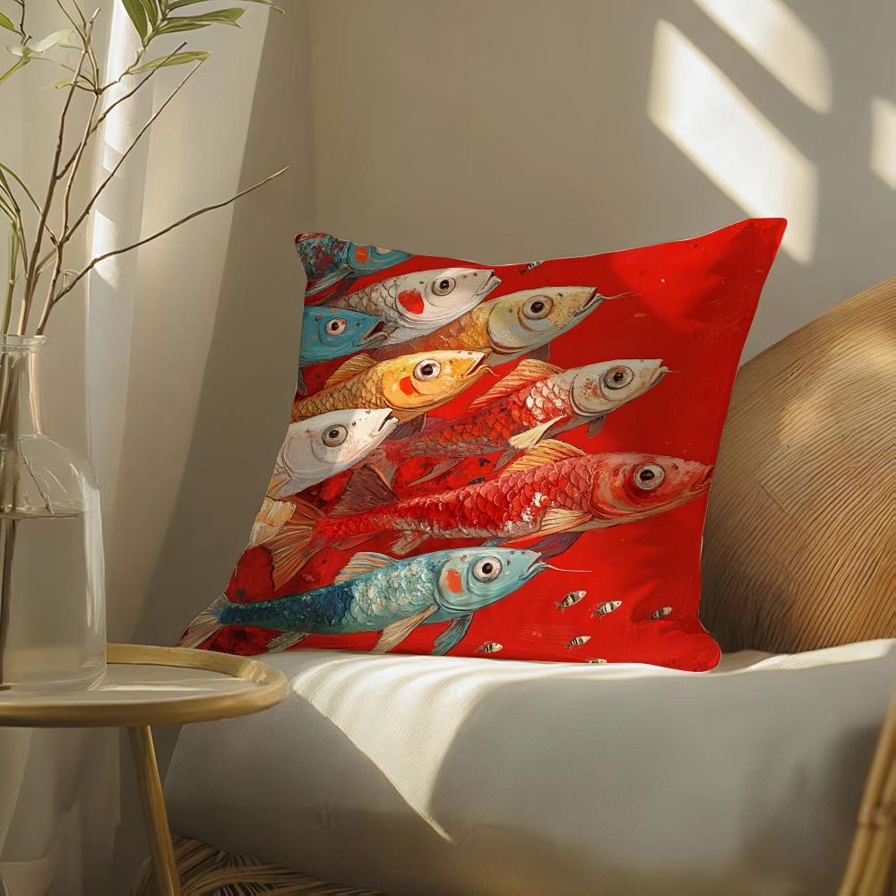 Abstract Fish Pattern Cushion Cover Soft Short Plush Pillow Cover Smooth Cozy Texture Aesthetic Cushion Case Home Decor