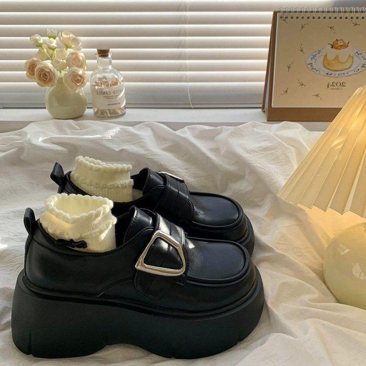 Muffin platform small leather shoes women's shoes new 2025 autumn black thick heel retro British style loafers jk single shoes