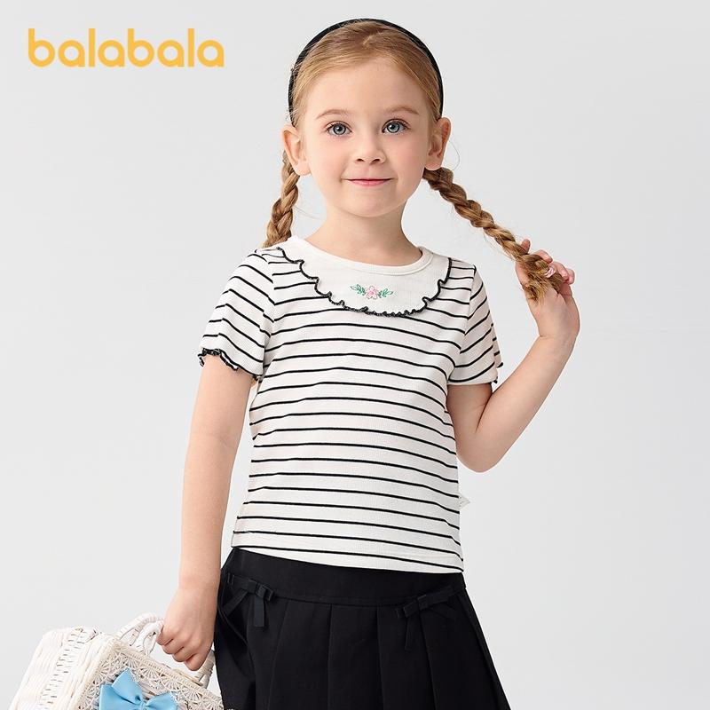 Balabala Children's Clothing Baby Short Sleeved Girls' T-shirt Children's Top New Summer Outfit with Embroidered Shoulder Inside