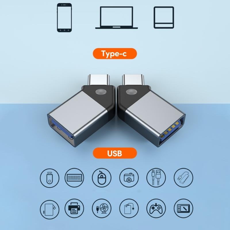 45 Degree Type C to USB3.0 Adapter Data Transmission Connector with Indicator Compatible for Mobile Phone Laptop Tablet