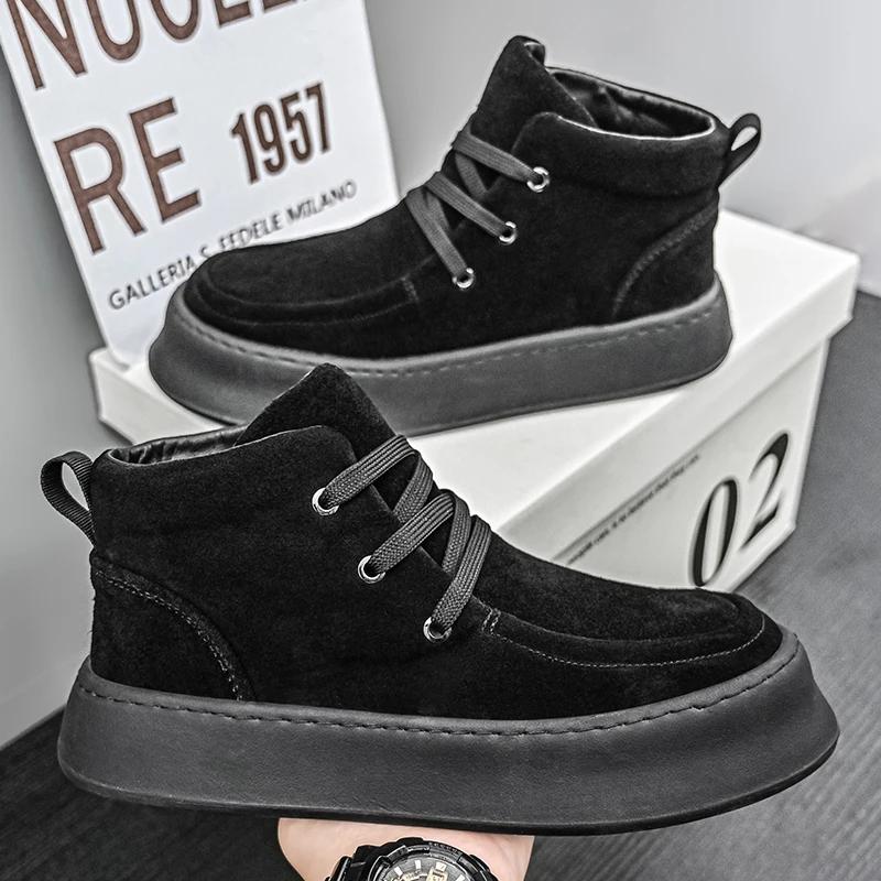 Fashion Men Genuine Leather Thick Bottom Boots Casual Leather Soft Sole Shoes Comfy Outdoor Classical Ankle Boots Casual Lace-Up Shoes